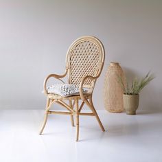 a wicker chair next to a potted plant