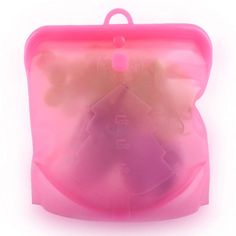 a pink plastic case with two pieces of food in the front and one piece on the back