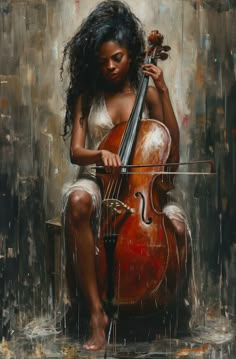 a painting of a woman playing the cello