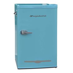 an old fashioned blue refrigerator on a white background