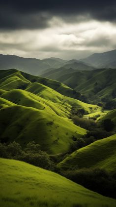 the rolling hills are covered in green grass