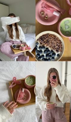 four pictures with different things in them including food, and a woman taking a selfie