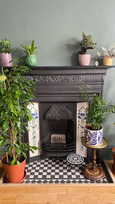 a fireplace with potted plants on the mantle