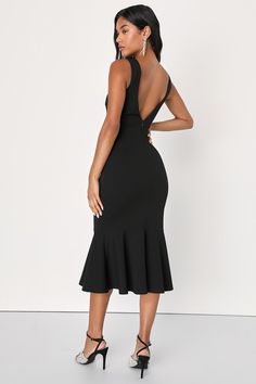 Black Trumpet Dress, Black Square Neck Midi Dress For Spring, Chic Black Midi Dress With Square Neck, Black Midi Dress With Fitted Bodice And V-neck, Black Square-neck Midi Dress For Beach, Elegant Square-neck Midi Dress In Elastane, Trumpet Dress, Adhesive Bra, Square Neck Dress