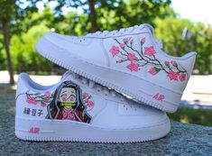 Airforce one Nezuko Kamado and flowers custom sneaker, ideal gift, for her, birthday, Christmas - The pair is included in the displayed price - Authentic Nike Airforce 1 Sneakers - 100% handmade work - Quality and permanent paint - A modification? Note it when validating your order. For more information, questions, requests; Do not hesitate to contact me. Email: customlyon@gmail.com Instagram: @customlyon Nike Custom Shoes, Nike Custom, Custom Painted Shoes, Custom Shoes Diy, Nike Shoes Air Force, Custom Nike Shoes, Unique Sneakers, Air Force 1 Custom, Baskets Nike