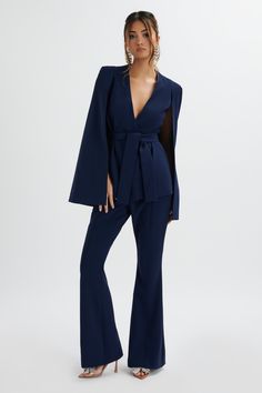 Blazer With Belt, Belted Cape, Cape Blazer, Corporate Women, Statement Dress, Fashion Hacks Clothes, Flare Trousers, Jumpsuit Fashion, Crepe Fabric