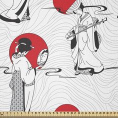 East Urban Home Size: 36" W x 72" L | East Urban Home East Fabric By The Yard, Japanese Geisha Girl w / Traditional Style Kimono Folk Culture Illustration 36.0 W in white in Black;red | 36" W x 72" L | Wayfair Culture Illustration, Folk Culture, Asian Fabric, Traditional Kimono, Japanese Geisha, Family Costumes, Craft Lovers, Craft Organization, Arts And Crafts Projects