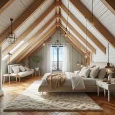 an attic bedroom with wooden floors and white walls, large bed in the center surrounded by hanging lights