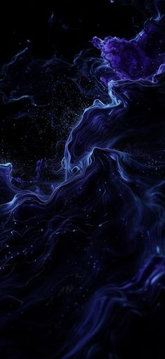 an abstract painting with blue and purple swirls in the dark water, on a black background