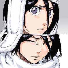 an anime character with long black hair and big eyes wearing a white scarf over his head