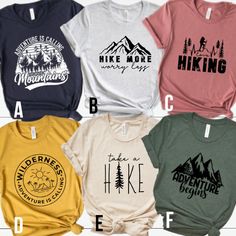 🌄Hiking Shirt, Mountain Shirt, Adventure Shirt, Camping Shirts, Travel Shirt, Outdoor Shirt, Nature Lover Shirt, Camping Gift, Vacation Shirt,Wilderness Graphic Tee This t-shirt is everything you've dreamed of and more. It feels soft and lightweight, with the right amount of stretch.  It's comfortable and flattering for both men and women.  * 100% combed and ring-spun cotton (Heather colors contain polyester) * Ash color is 99% combed and ring-spun cotton, 1% polyester * Heather colors are 52% Cheap Graphic Tee Shirt For Outdoor, Cheap Graphic Tee Shirt For Adventure, Affordable Slogan T-shirt For Outdoor Activities, Cheap Adventure Text Print Tops, Camping T Shirt Design Ideas, Hiking Graphic Tees, Casual Adventure Shirt, Hiking Tshirt Design Ideas, Funny Hiking Shirts