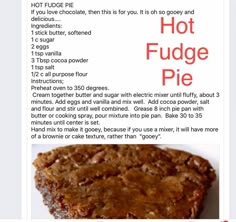 a recipe for hot fudge pie with instructions