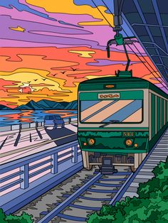 a green train traveling down tracks under a colorful sky