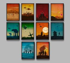 the star wars minimalist poster set is shown in various colors and sizes, including red, yellow, blue, green, orange, and black