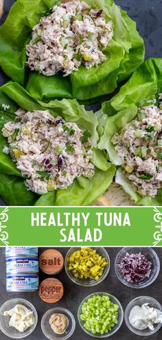 healthy tuna salad in lettuce leaves with ingredients for it and the title overlay says healthy tuna salad