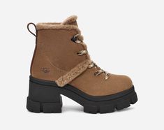 We are living for the elevated confidence of the Brooklyn Hiker. Our Plush Seam and hiker-inspired laces complement water-resistant suede to serve fresh-from-the-mountains realness. Lined with UGG®plush, breathable textile, and soft microfiber. With a chunky 3 inch platform and 2 inch heel, you'll be cruising at a new altitude this season. | Protected: Waterproof or Water-Resistant Materials. Water-resistant suede. Sheepskin spill seams. 10mm UGG®plush 60% upcycled wool, 40% TENCEL Lyocell shaft Ugg Highland, Sheepskin Boots, 3 Inch Heels, 2 Inch Heels, Real Fur, Rubber Heels, Womens Uggs, Womens Heels, Brooklyn