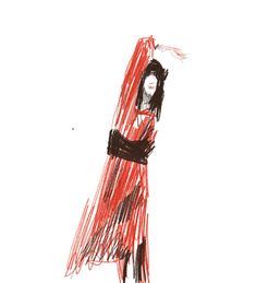 a drawing of a woman in a long red dress with her arms around her head