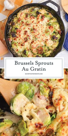 brussel sprouts and cauliflower casserole in a cast iron skillet