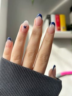 #nails #french #blue #stars Dark Blue Stars Nails, French Tips Navy Blue, Blue French Tips With Stars, Blue Nails Christmas, French Nails With Stars, Navy Blue Nails Stars, Nails French Blue, Navy French Tips, Dark Blue Nails French Tip