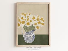 a painting with flowers in a vase on the wall