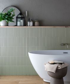 a white bath tub sitting next to a green plant on top of a wooden shelf