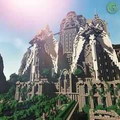 an image of a large building made out of legos in minecraft with the sun shining on it