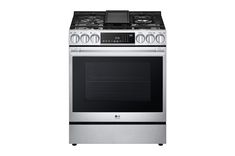 a silver stove top oven sitting on top of a white countertop next to an oven door