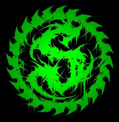 a green and black circular design with leaves in the shape of a snake on a black background