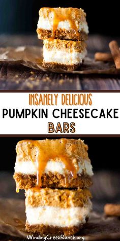 pumpkin cheesecake bars stacked on top of each other