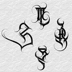 three different types of calligraphy in black ink on white paper with the letters e, f