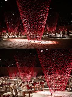 two pictures of tables and chairs with red flowers on them