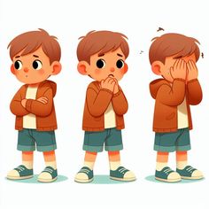 three different poses of a young boy covering his face with both hands and looking at the viewer