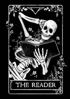 a skeleton reading a book with the words the reader on it's front cover