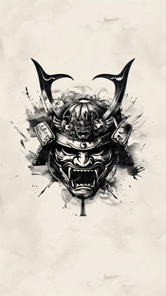 a black and white drawing of a demon mask with horns on it's head