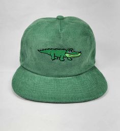 Embroidered Gator Green Corduroy hat King Gizzard, Corduroy Hat, Green Corduroy, Trucker Cap, Alligator, Halloween Shopping, Caps Hats, Accessories Hats, Accessory Gift