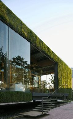 a building with plants on the side and stairs leading up to it's entrance