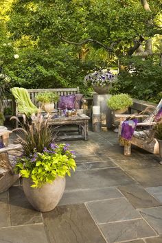 a wooden bench sitting in the middle of a garden