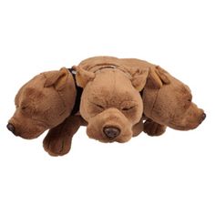 a brown stuffed dog laying on top of a white floor with its eyes closed and head tilted to the side