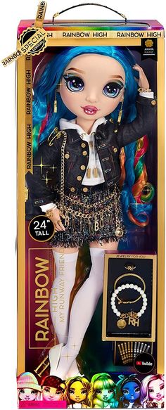 a doll with blue hair wearing a black jacket and white tights in a box