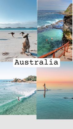 there are pictures of australia with the words australia in white and blue, along with images of people on surfboards