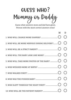 guess who mommy or daddy worksheet with question marks on the front and back