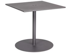 a square metal table with a circular base