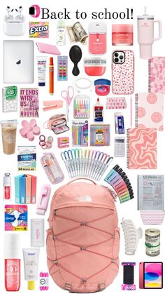 the back to school bag is full of items and supplies that are organized in pink