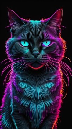 a black cat with blue eyes and glowing lights on it's face, sitting in front of a dark background