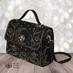 Witch Canvas Satchel Bag Cute Women Flower Moon Cross Body - Etsy Gold Shoulder Bag With Adjustable Strap As Gift, Gold Shoulder Bag With Adjustable Strap, Cute Backpacks Aesthetic, Messenger Bag Aesthetic, Nice Purses, Witch Bag, Ipad Storage, Moon Flowers, Side Purses