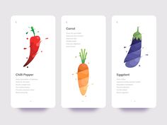 three vertical banners with different vegetables and the words chili pepper, carrot, chilli pepper