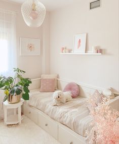 a white dog laying on top of a bed next to a plant in a room