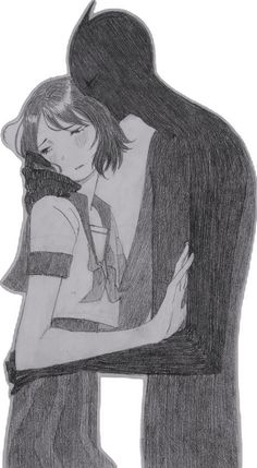 a drawing of two people hugging each other with one holding the other's head