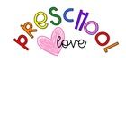 the word preschool love written in multicolored letters on a white background with a pink heart