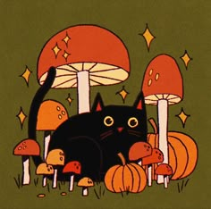 a black cat sitting in the grass next to mushrooms and pumpkins with stars on them